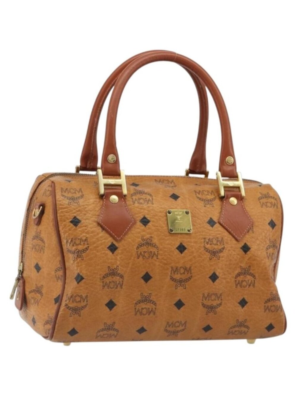 MCM Vicetos Logogram Mini Boston Bag PVC Leather Brown Gold